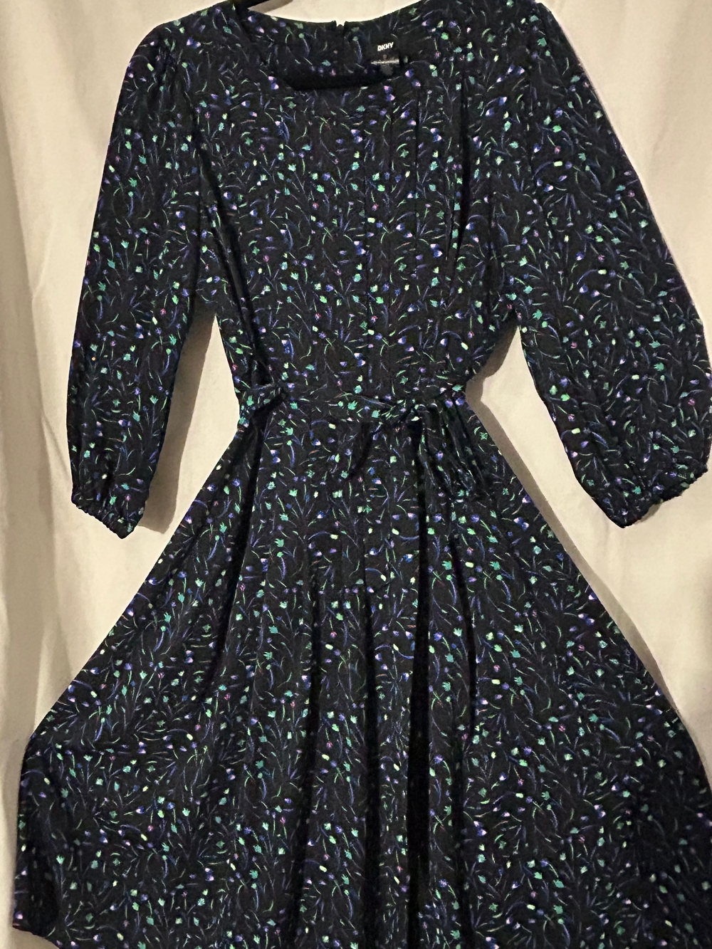 DKNY Navy Long-Sleeve Floral Fit & Flare Dress